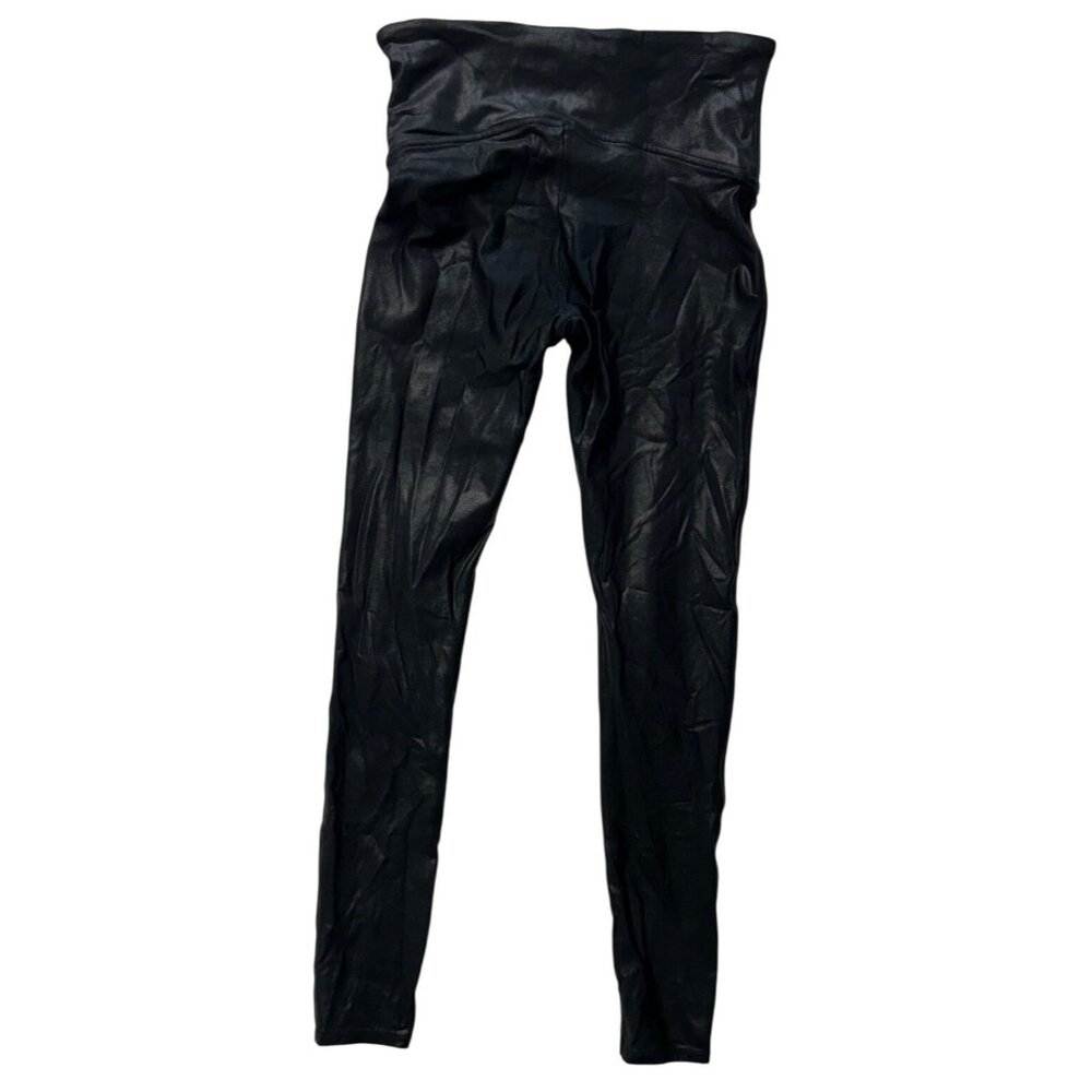 Spanx Faux Black Leather Preowned Leggings Black High-Waisted L/G tapered leg